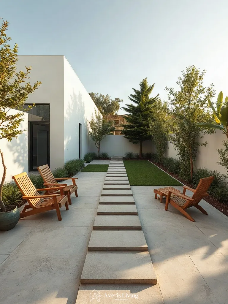 Lounge seating adjacent to a modern backyard stepping stones makeover