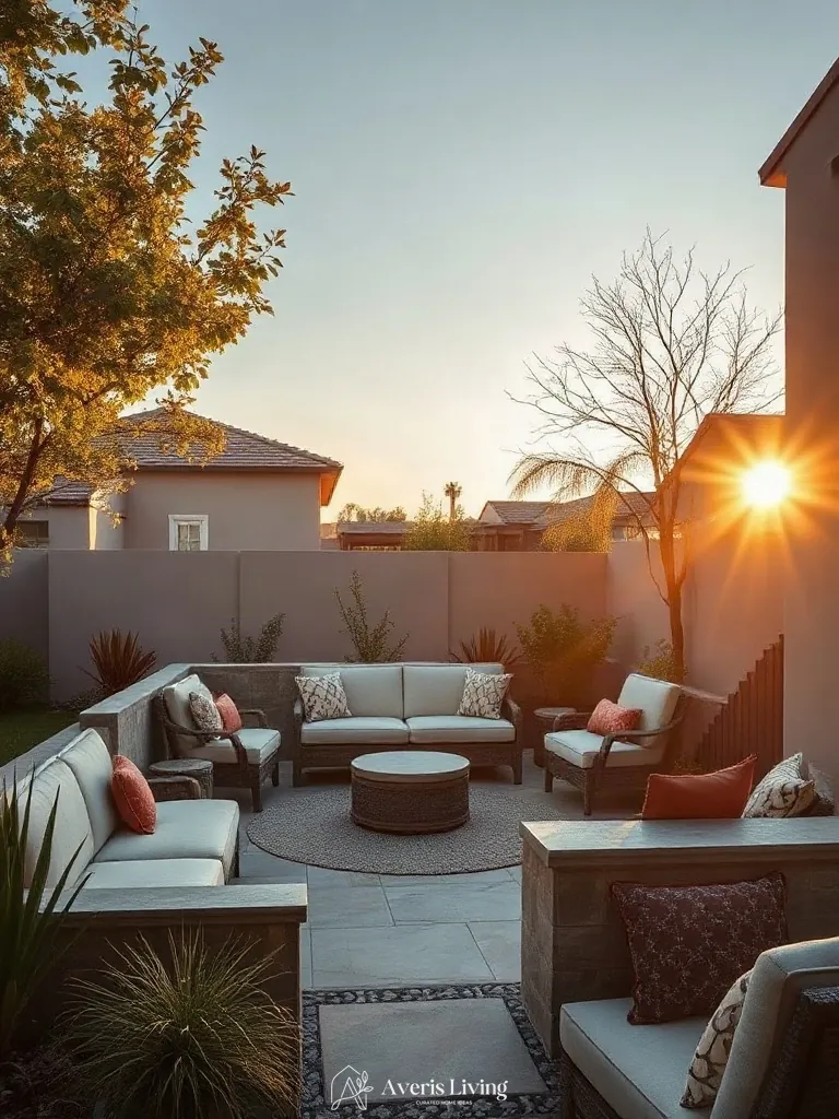 Cozy sunken conversation pit featuring boho patio seating ideas on a stone terrace.