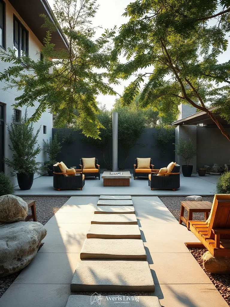 Stepping stones leading to a modern outdoor seating lounge area