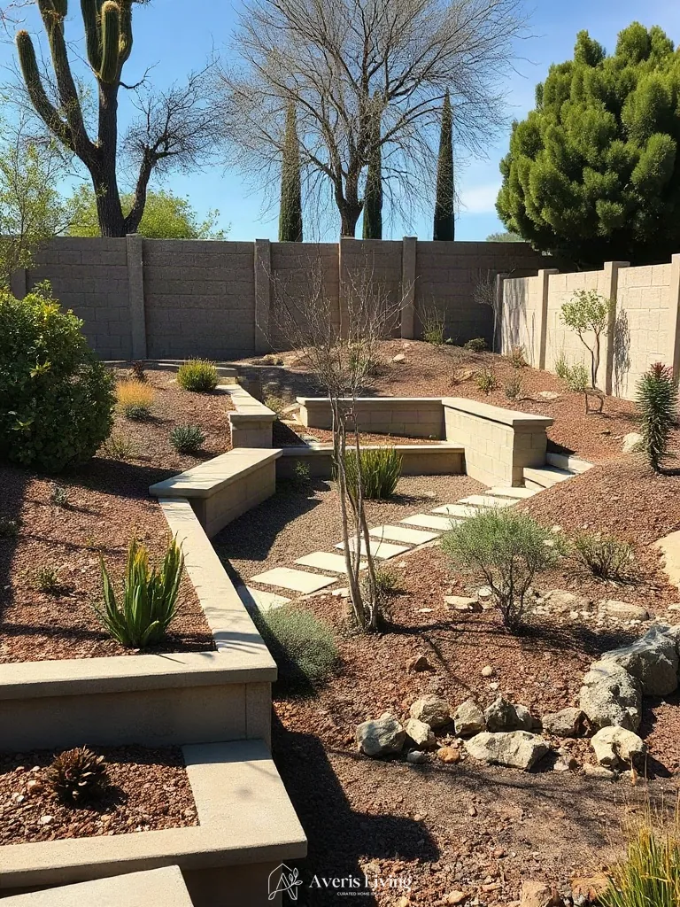 Outdoor seating integrated with backyard retaining walls