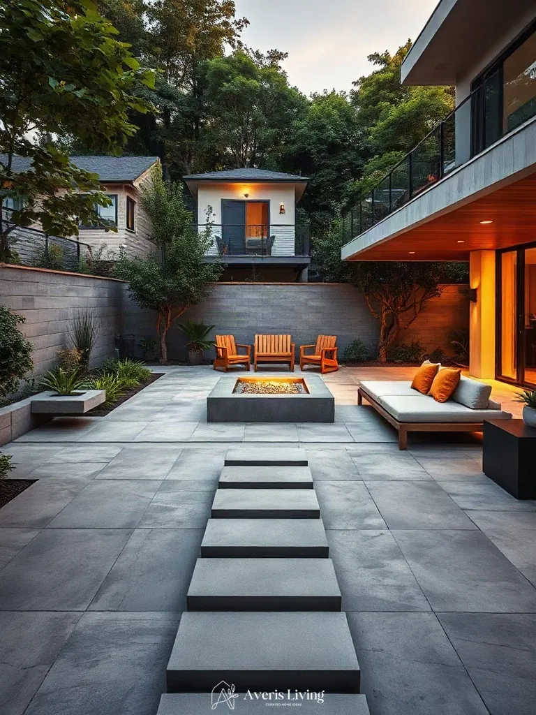 Modern backyard stepping stones design leading to a sleek outdoor seating lounge
