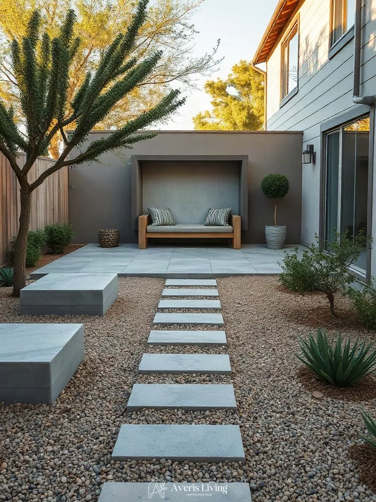 Outdoor lounge seating connected by drought tolerant stepping stones