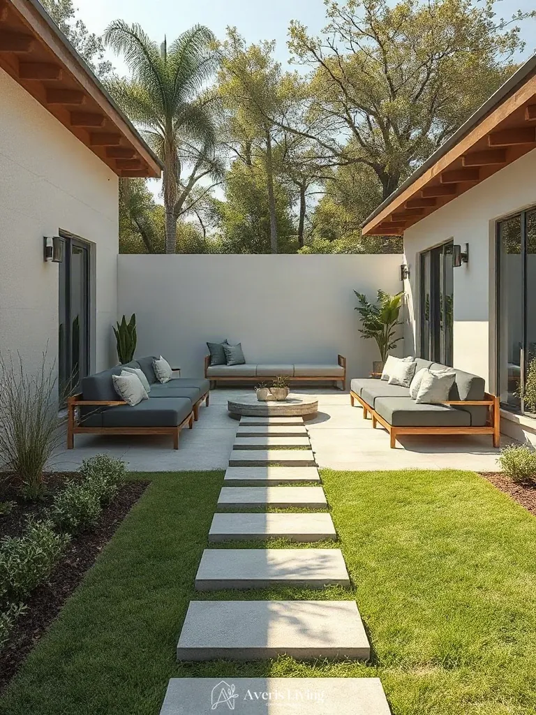 Outdoor seating integrated with backyard stepping stones