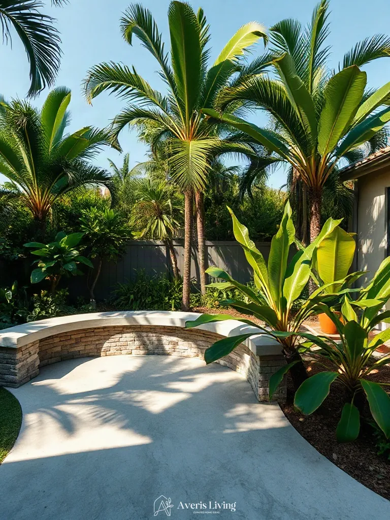 Built-in stone seating integrated into a tropical retaining wall