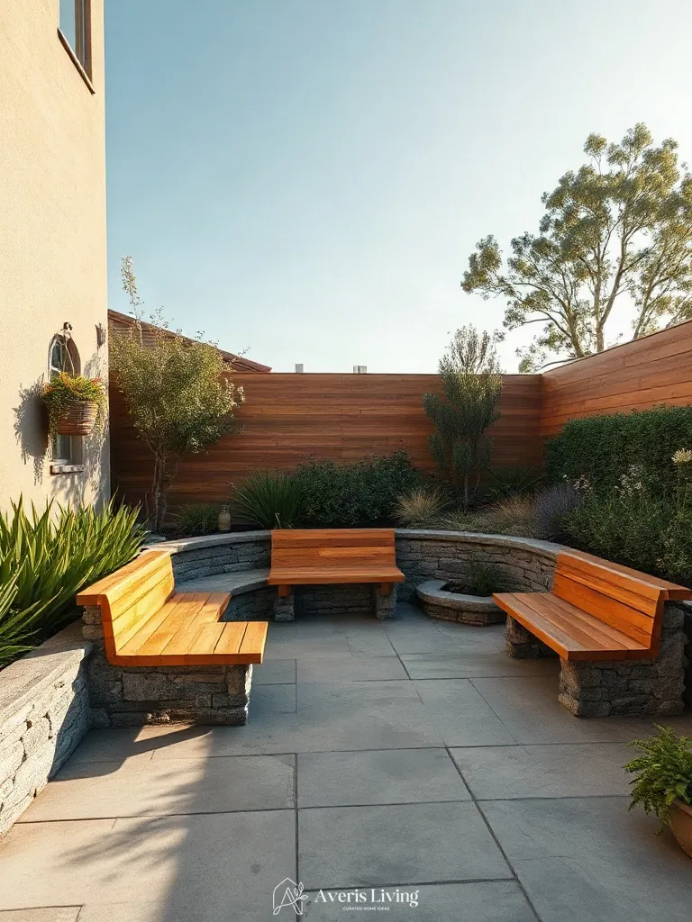 Built-in seating along backyard retaining wall
