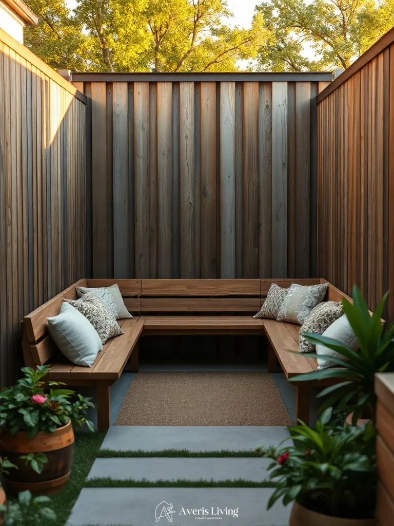 Seating niche nestled against rustic fence layout