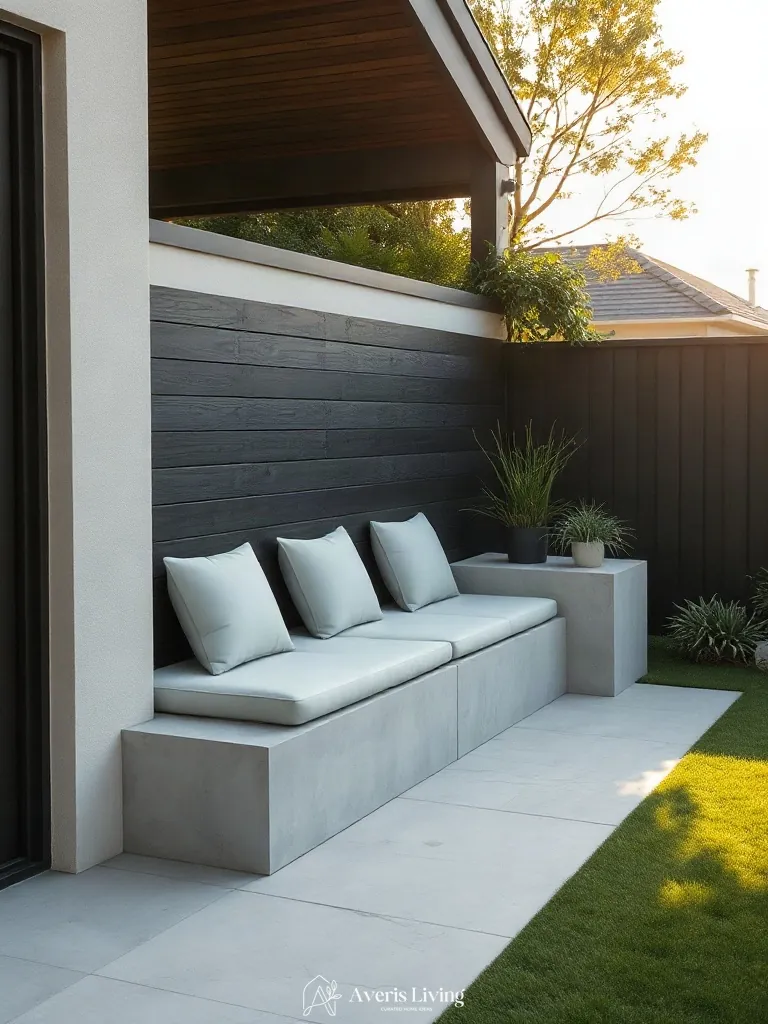 Outdoor lounge seating built against backyard privacy fence