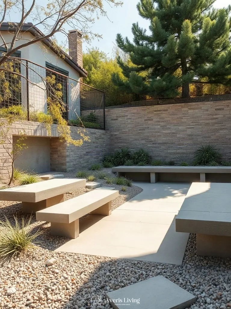 Seating niches integrated into a drought tolerant backyard retaining wall