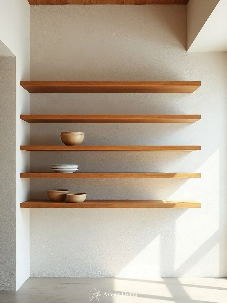 Custom rift-oak floating shelves in an open shelving farmhouse kitchen