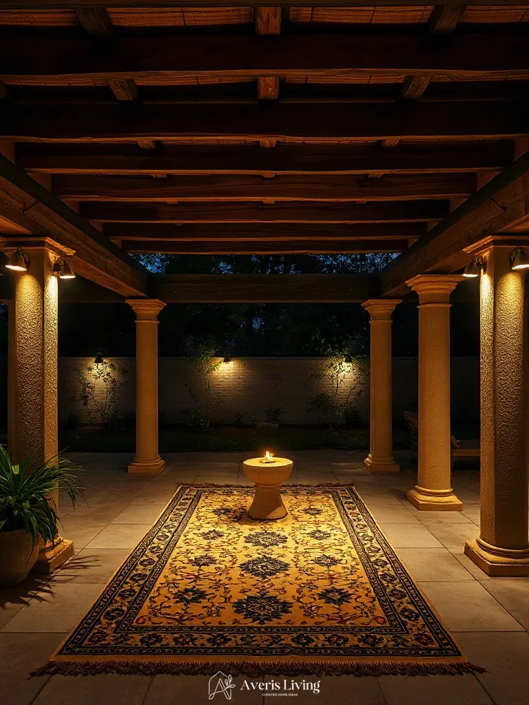 2700K low-voltage lighting highlighting an outdoor rug boho style
