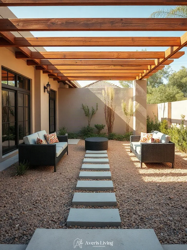 Main focal gathering space anchored by stone pathways