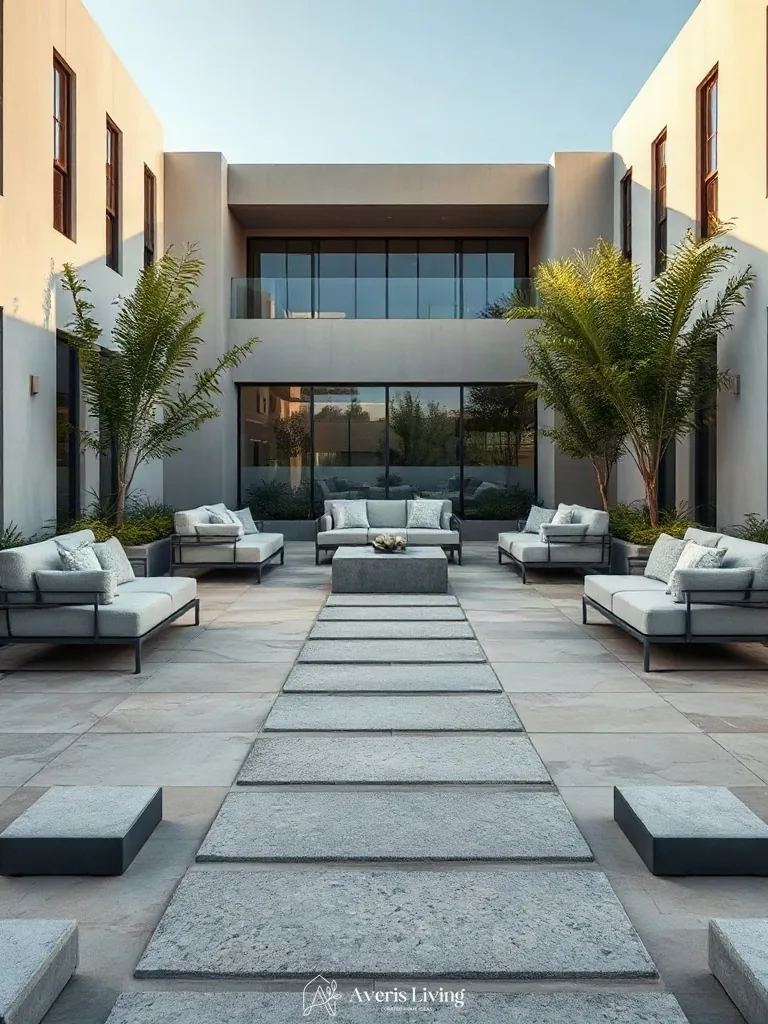 Focal gathering plaza featuring a modern backyard stepping stones makeover
