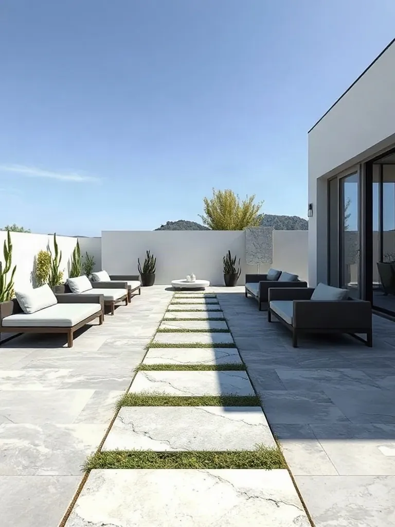 Grand stepping stones converging on a main backyard gathering patio