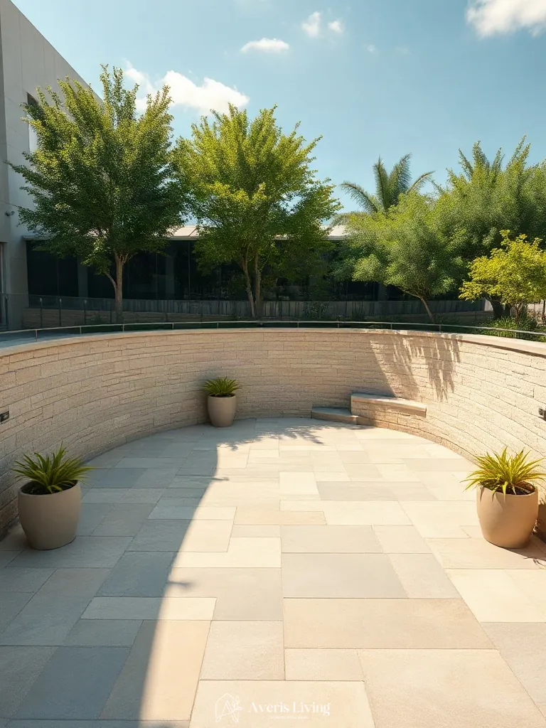 Focal gathering space defined by modern retaining walls