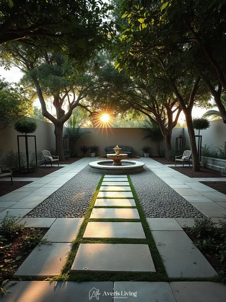 Main focal gathering space connected by shade backyard stepping stones before and after