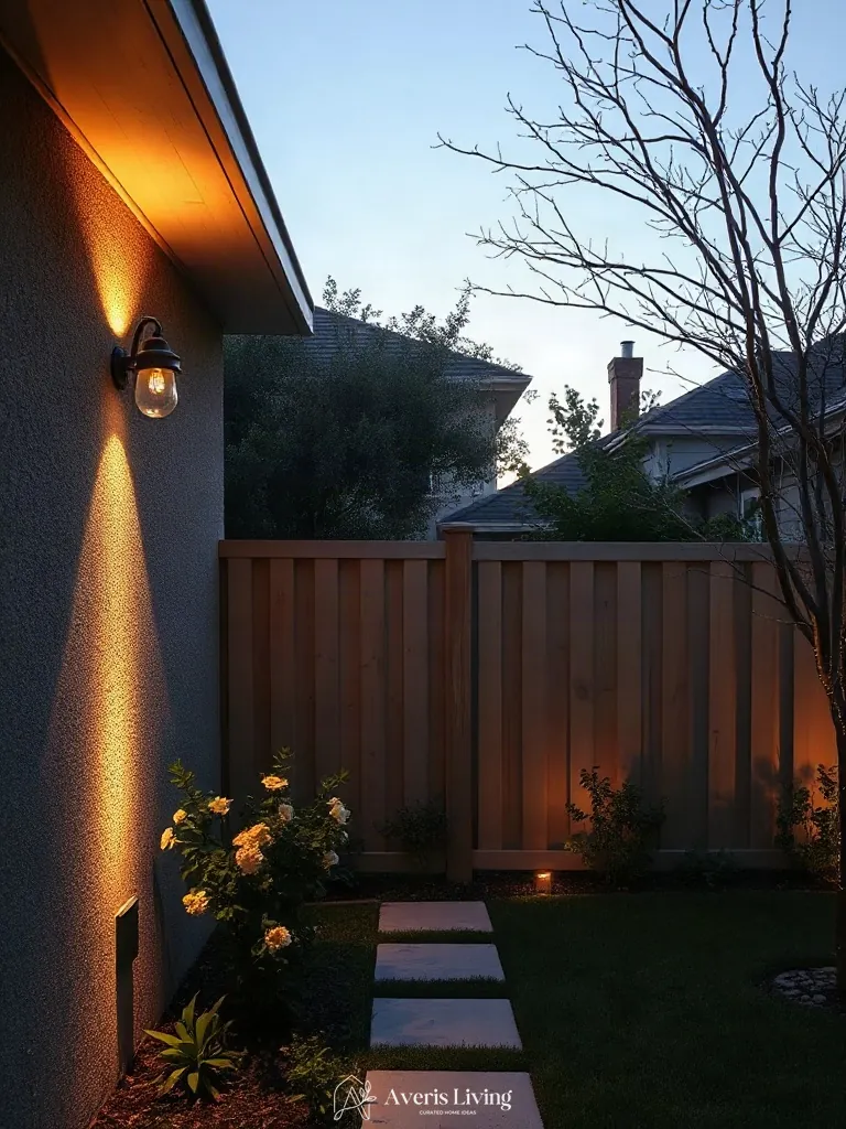 Architectural sconces in a cozy backyard privacy fence layout