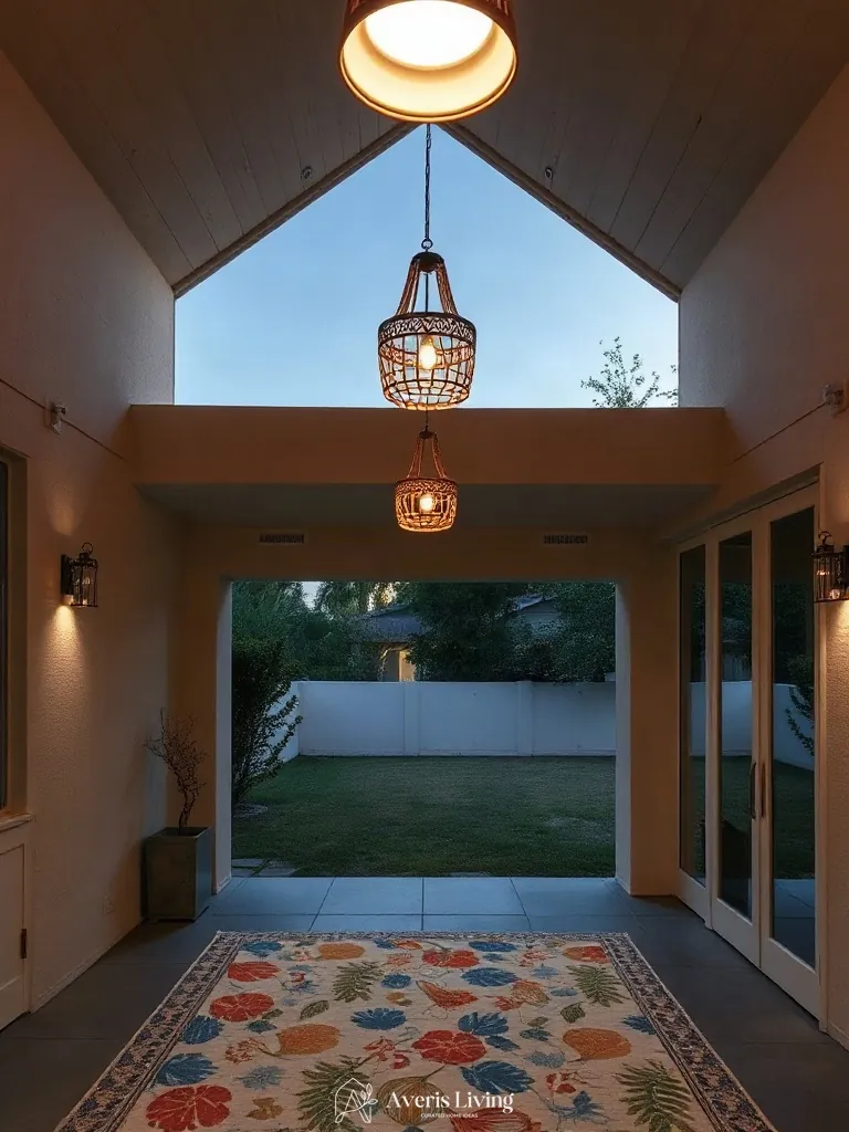 Layered evening lighting over an outdoor rug boho style