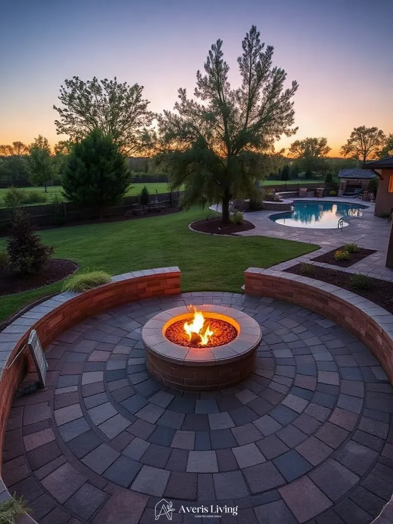 Circular fire pit focal point and sightlines across lawn and pool