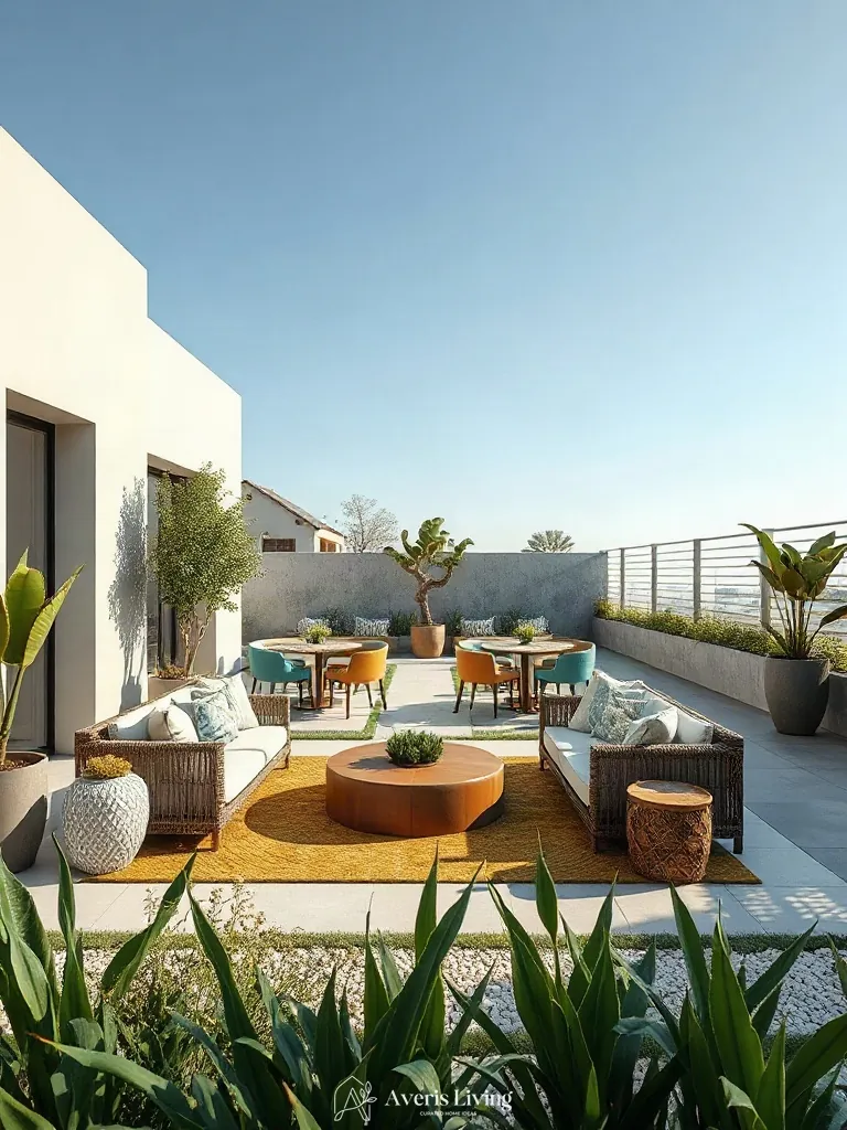 Patio terrace layout with clear sightlines highlighting boho patio seating ideas.