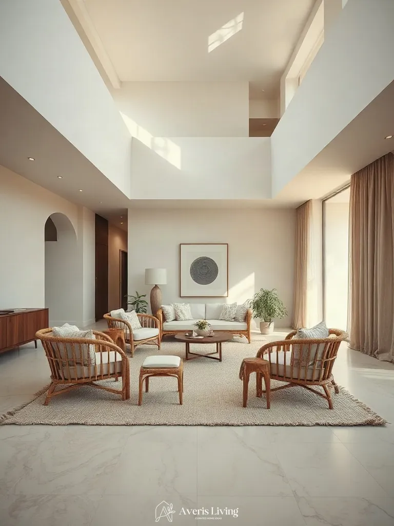 Intimate conversation cluster highlighting rattan furniture living room styling layout