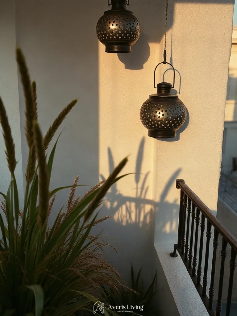 Intimate shadow play created by architectural lighting in bohemian balcony decor.
