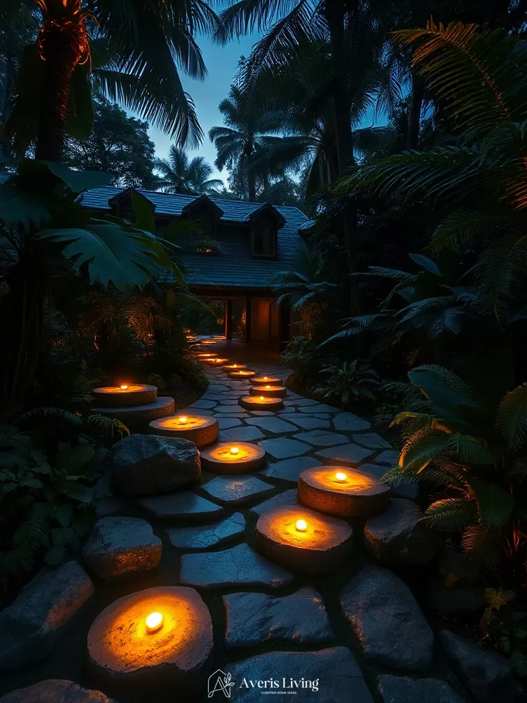 Luminous guidepaths winding through dark tropical foliage