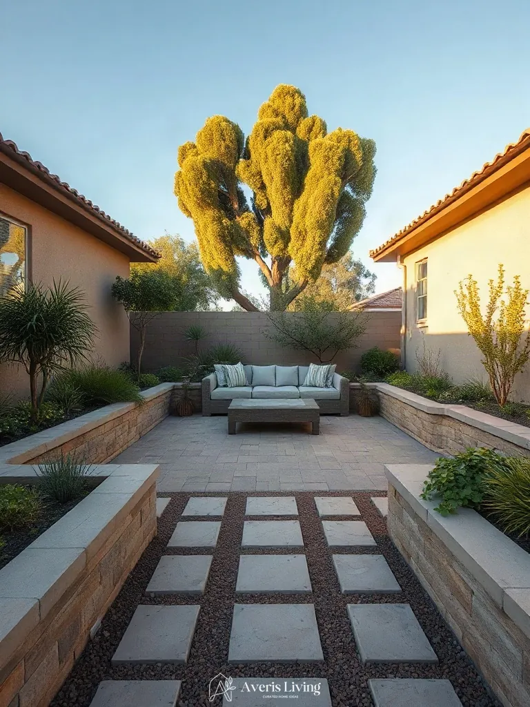 Focal gathering space framed by backyard retaining walls