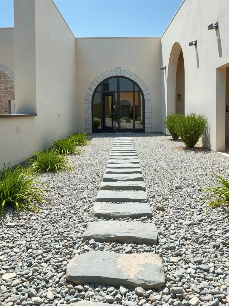 Bluestone stepping stones creating circulation paths in an open gravel yard