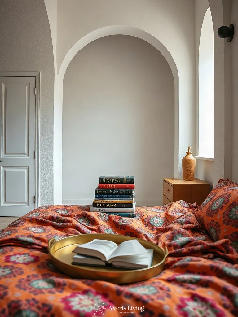 Curated decor objects resting on colorful bohemian bedding