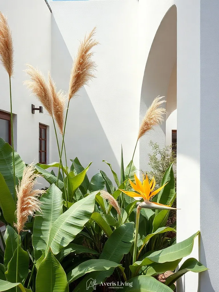 Ornamental grasses in tropical backyard flower bed design inspiration