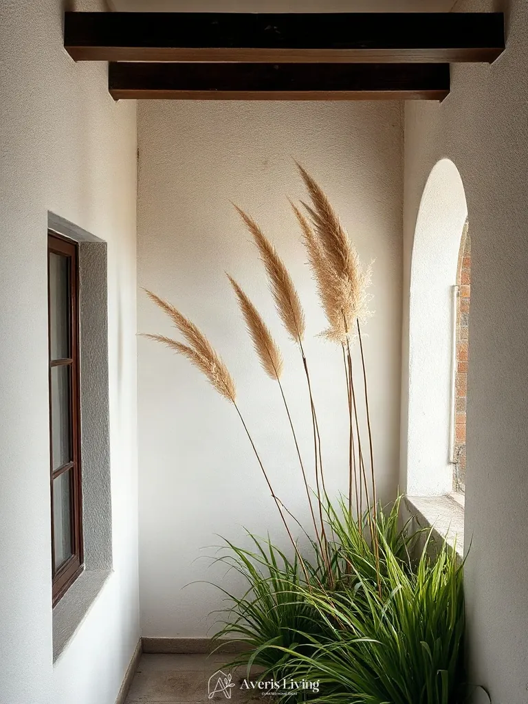 Curated ornamental grasses bringing movement to bohemian balcony decor.
