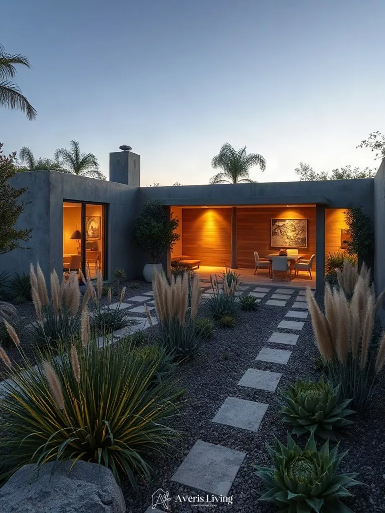 Curated ornamental grasses and foliage in a no grass backyard vegetable garden layout