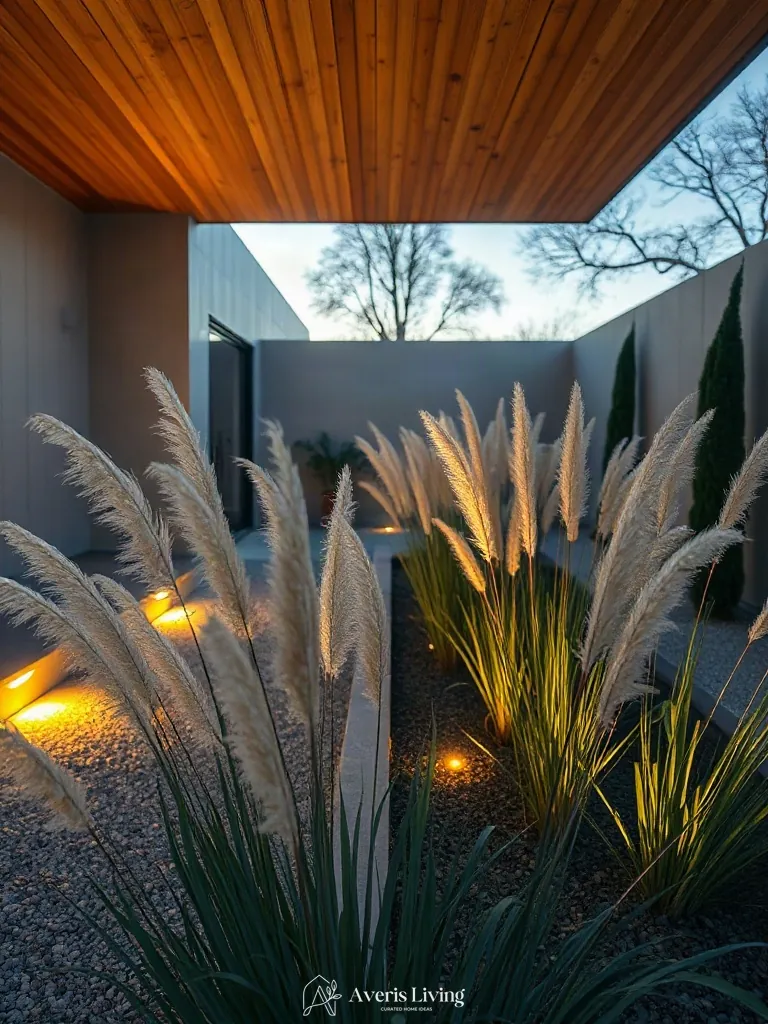 Curated ornamental grasses in a low maintenance backyard landscaping design.