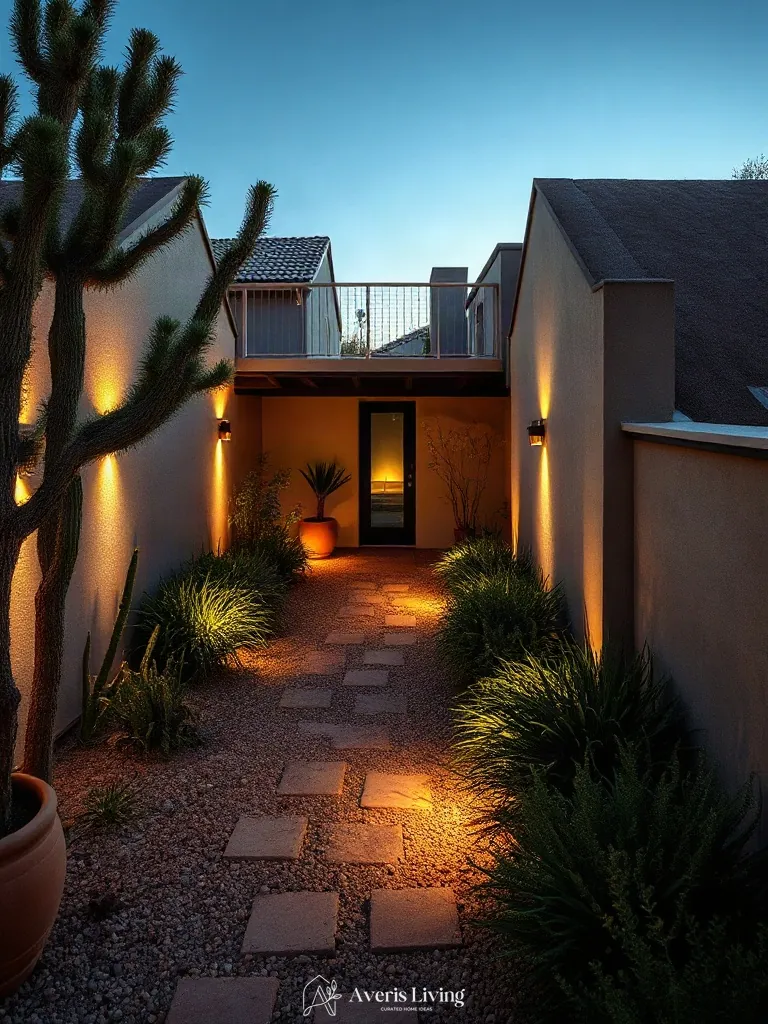 Curated styling and twilight details on a drought-tolerant garden pathway