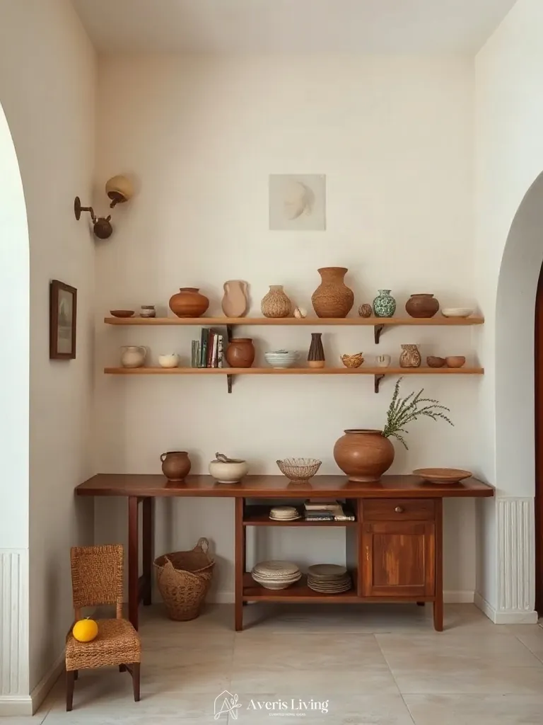 Sculptural ceramics in vintage kitchen wall decor styling