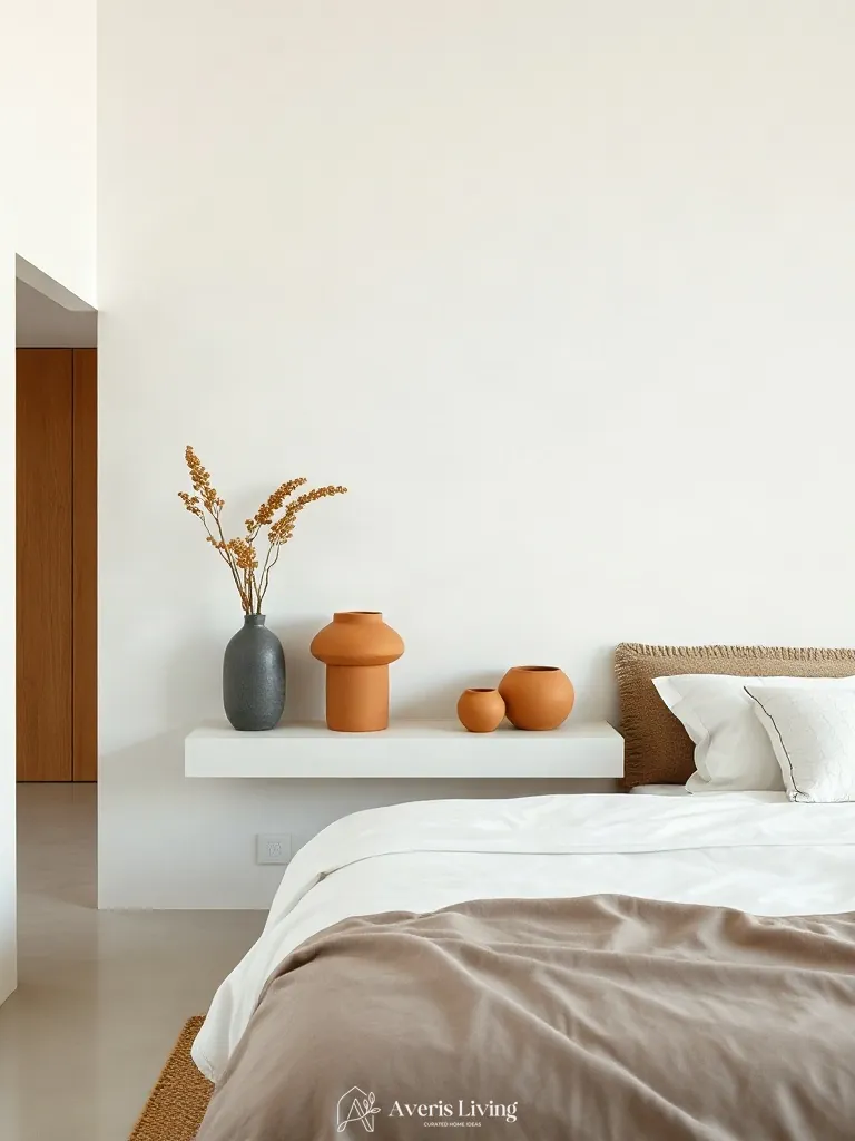 Sculptural ceramics styled on floating nightstands in a minimalist small bedroom