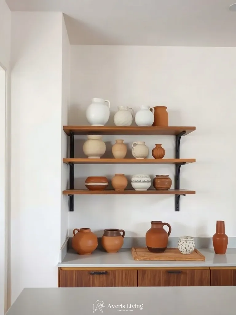 Curated sculptural vessels styling open budget kitchen storage shelves