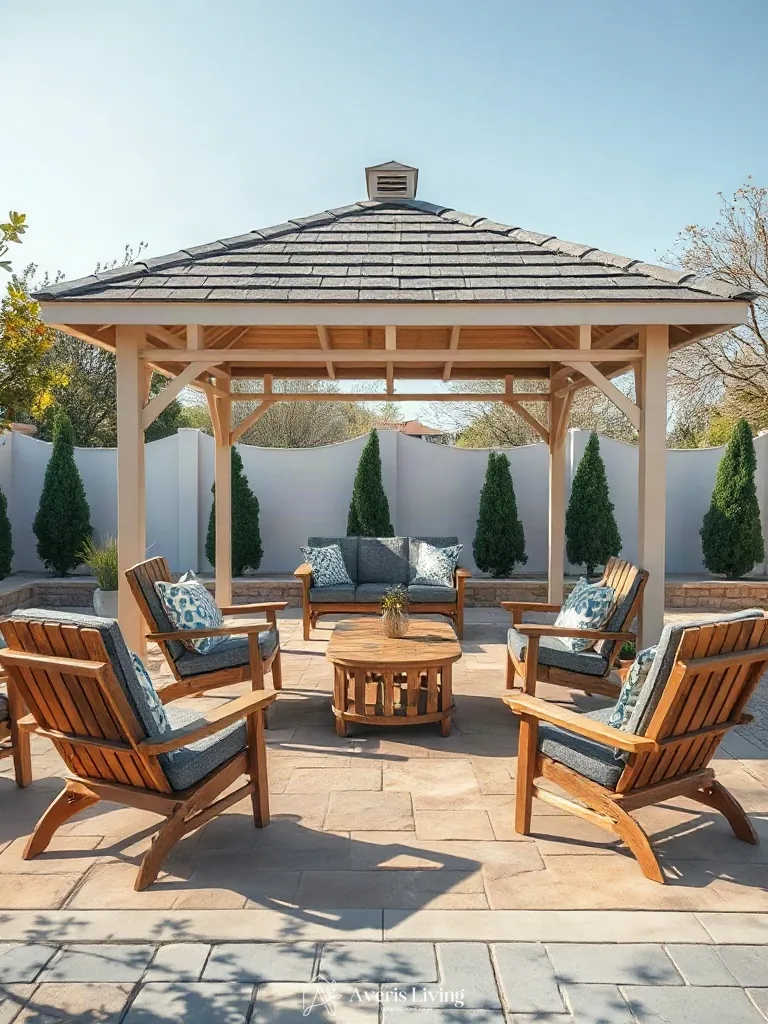 Curated outdoor seating arranged around a backyard gazebo