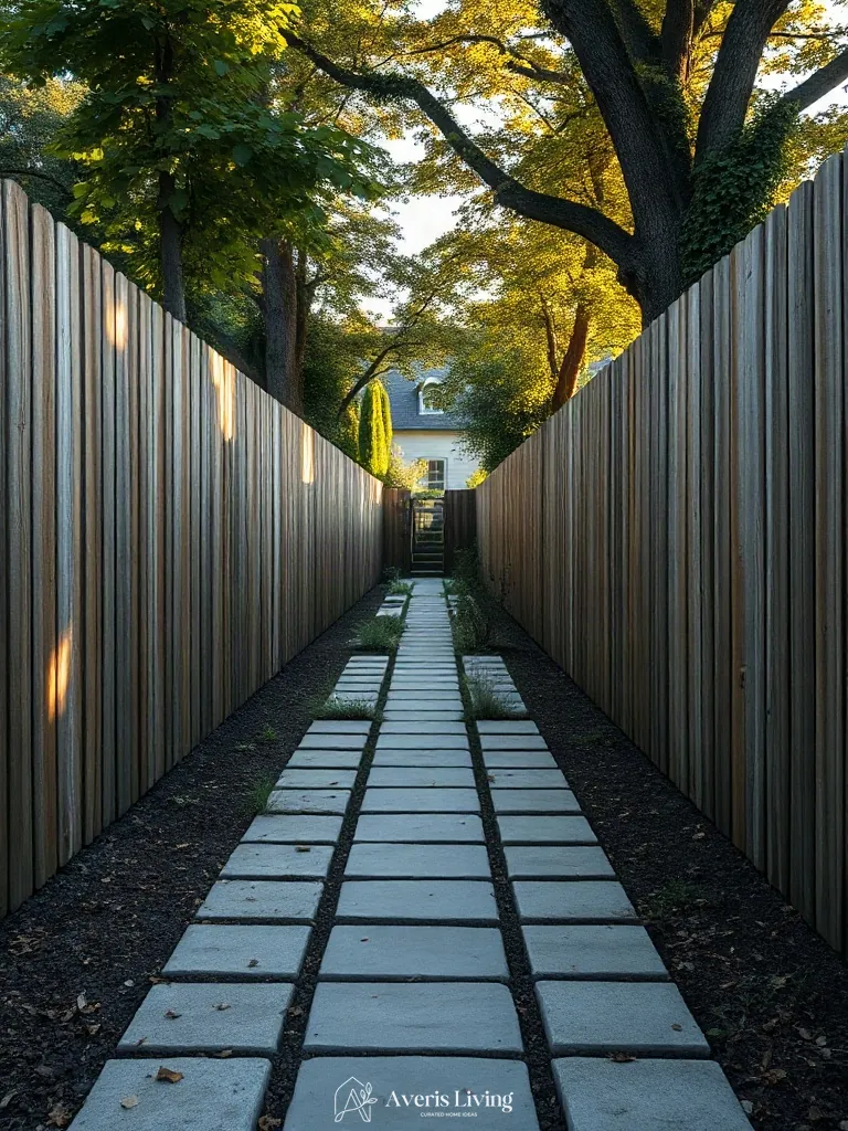 Enclosed pathway framed by rustic fence layout