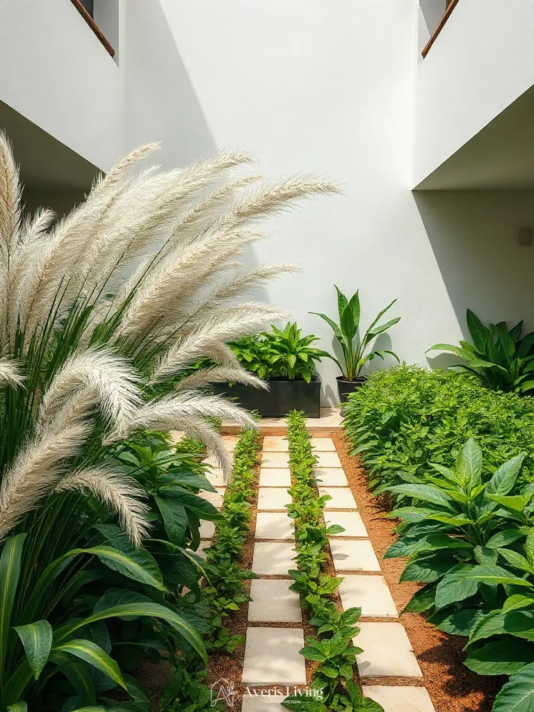Ornamental grasses in a tropical backyard herb garden before and after