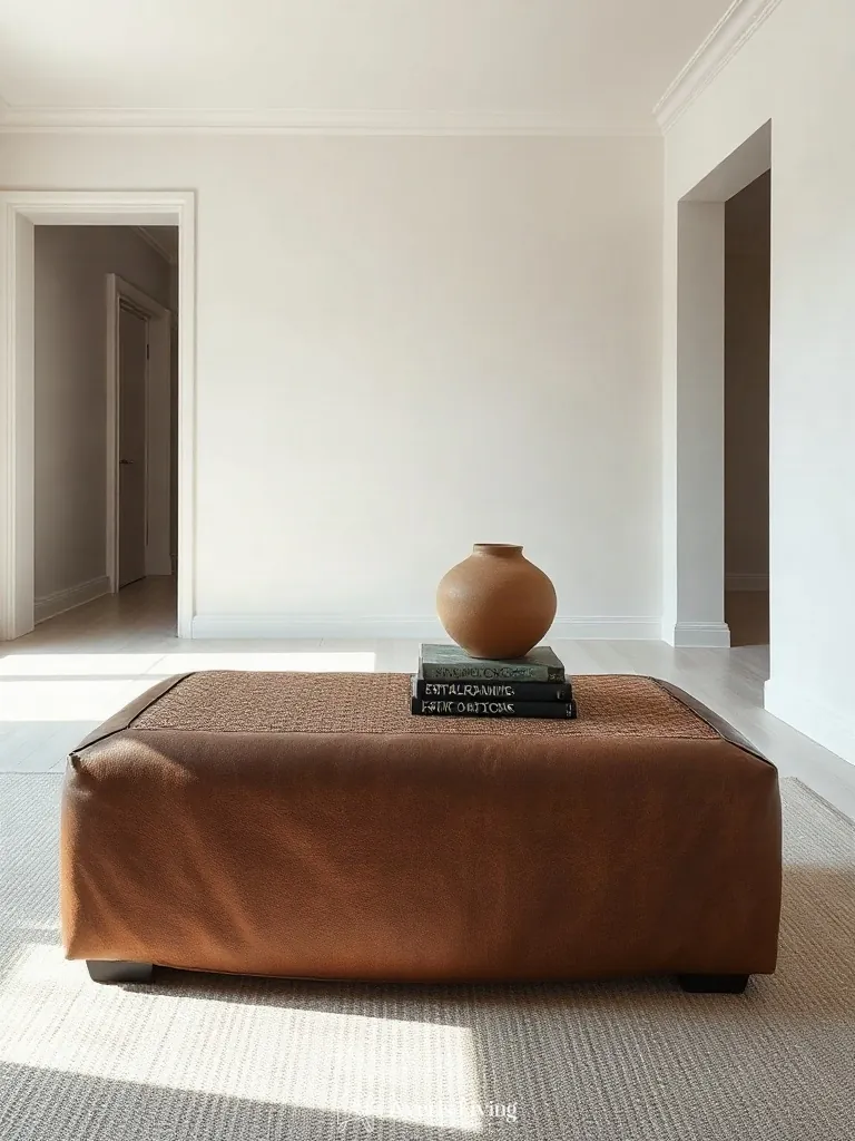 Woven leather storage ottoman styled with a matte ceramic vessel and art books