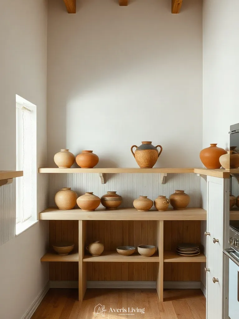 Sculptural ceramics on open shelving in a farmhouse kitchen