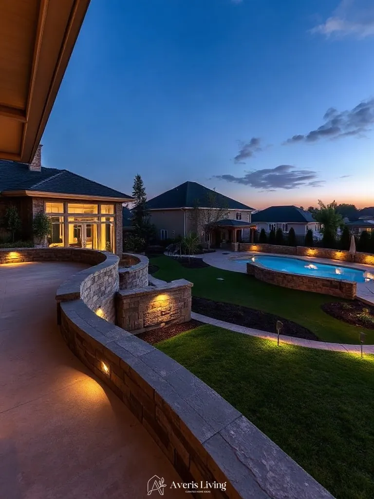 Curved split-face stone retaining walls with lighting framing a luxury backyard shed before and after
