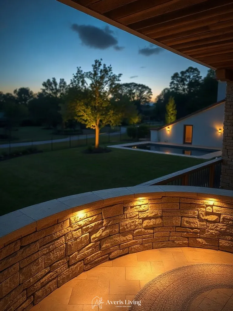 Curved split-face stone retaining walls with integrated under-cap LED lighting