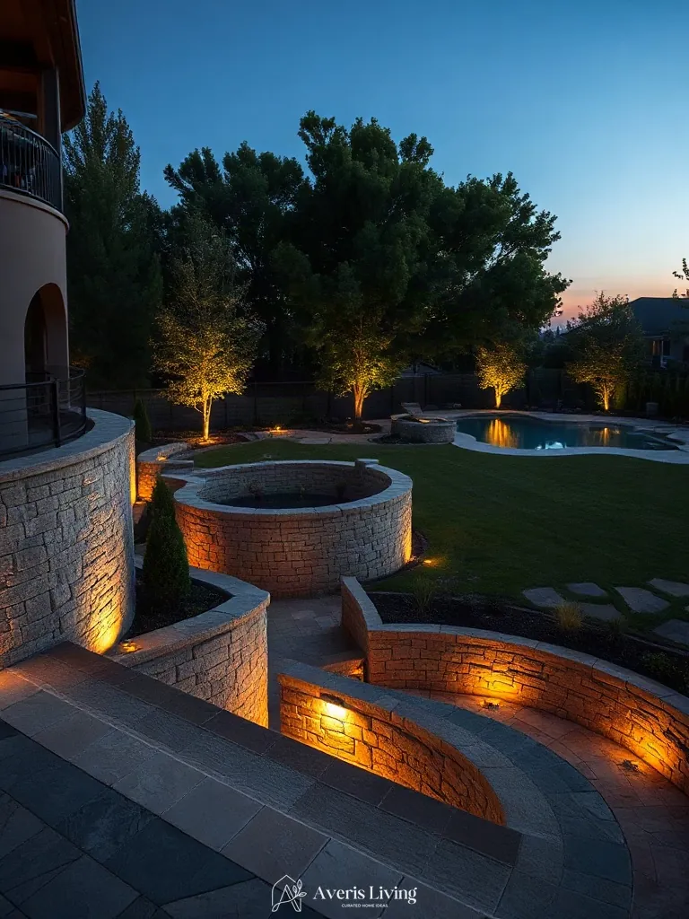 Curved split-face stone retaining walls with LED lighting in boho backyard privacy fence makeover