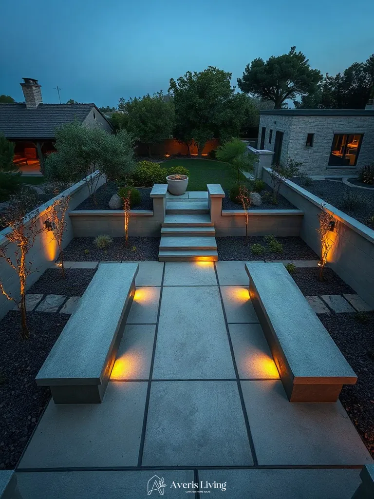 Custom built-in concrete seating in a low maintenance backyard landscaping layout.