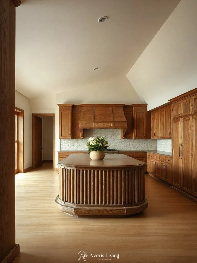 Custom fluted millwork detailing on the exterior of a rustic wood kitchen island.