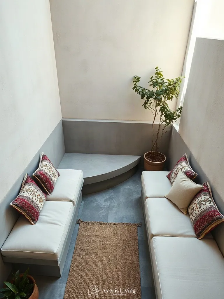 Custom built-in seating and lounge banquettes on a bohemian balcony decor terrace.