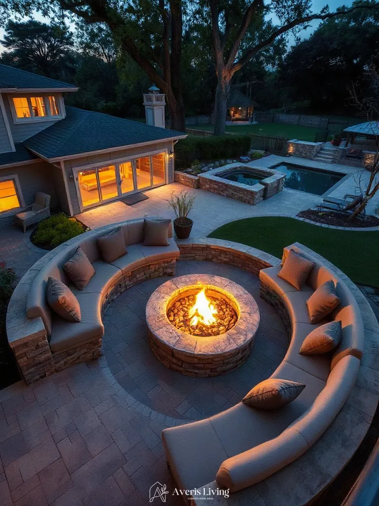 Custom curved built-in stone bench seating for a luxury backyard shed before and after