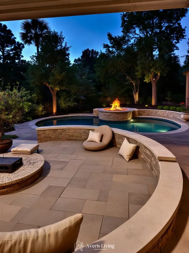 Custom curved built-in stone bench seating with plush neutral cushions